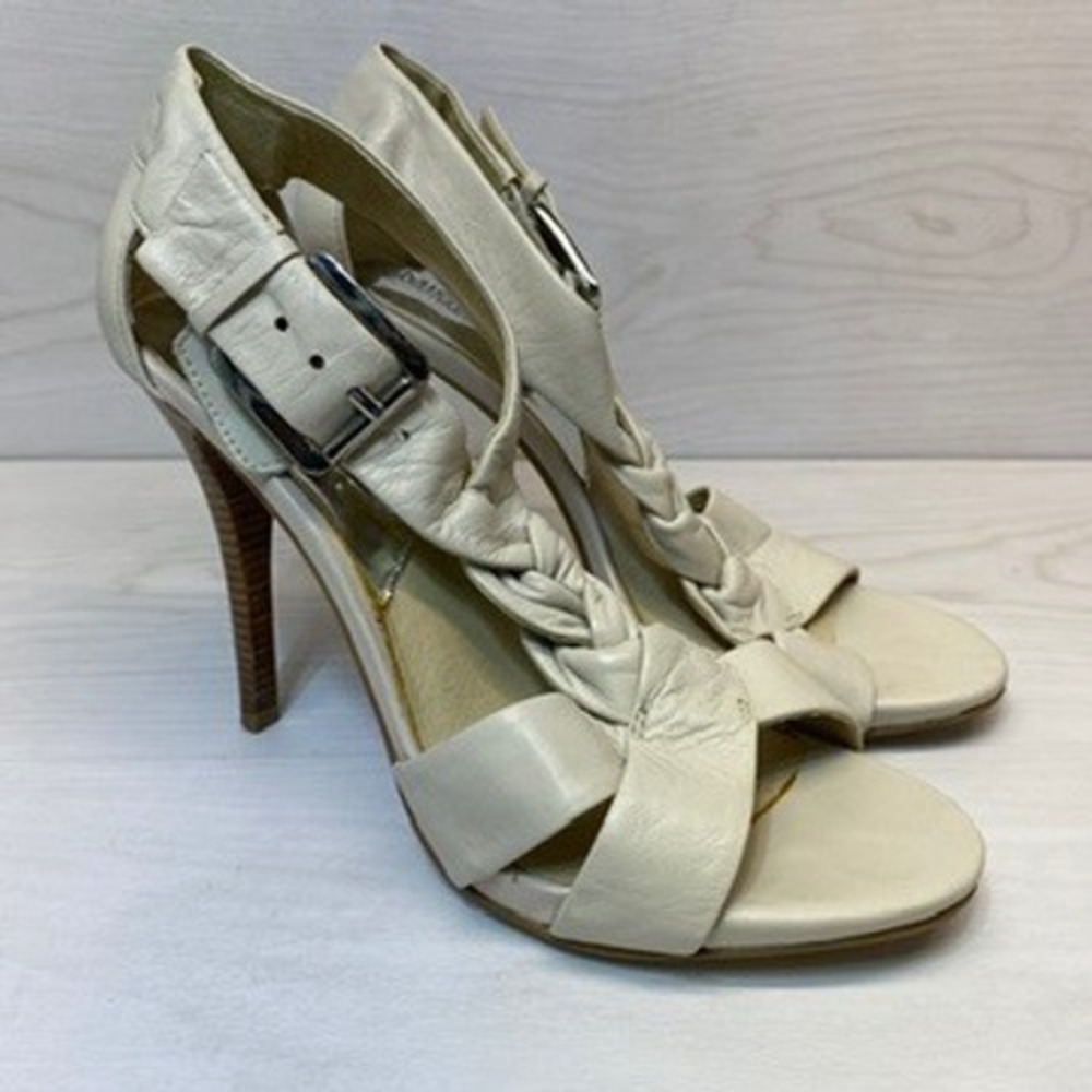 Michael Kors Womens 8M Braided T-Strap Stiletto Sandals Cream Buckle Heel